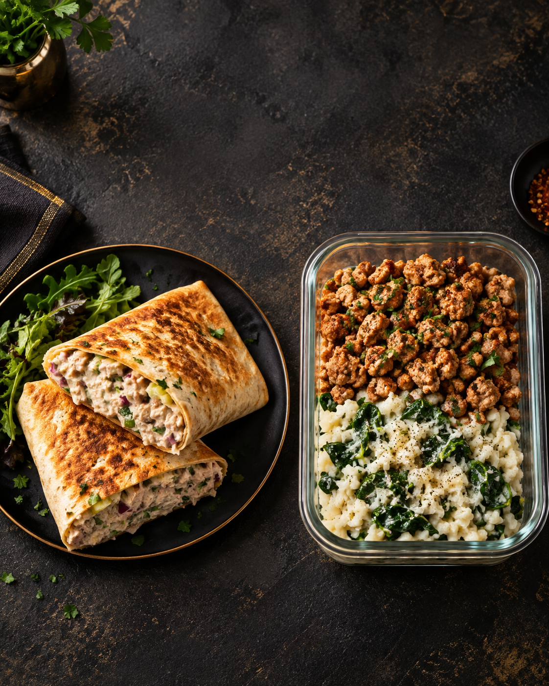 Toasted tuna wraps and a turkey taco rice meal-prep bowl