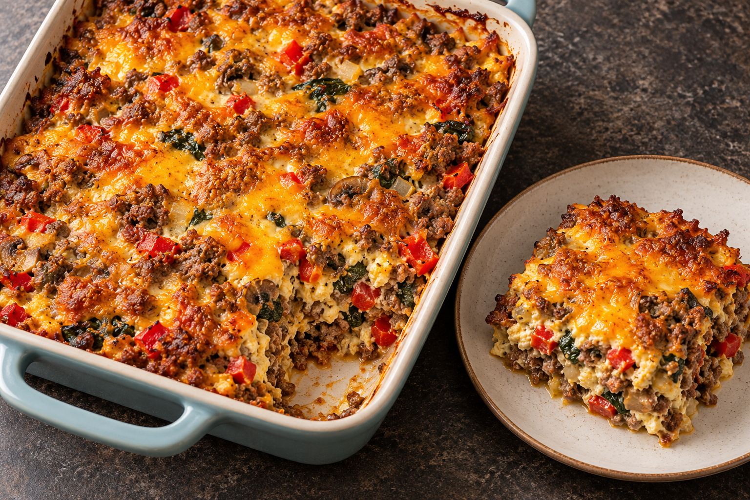 Cheddar Beef Spinach and Onion Bake