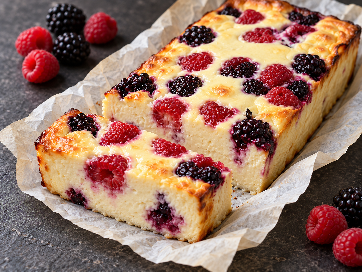 High-Protein Berry Cheesecake with raspberries and blackberries