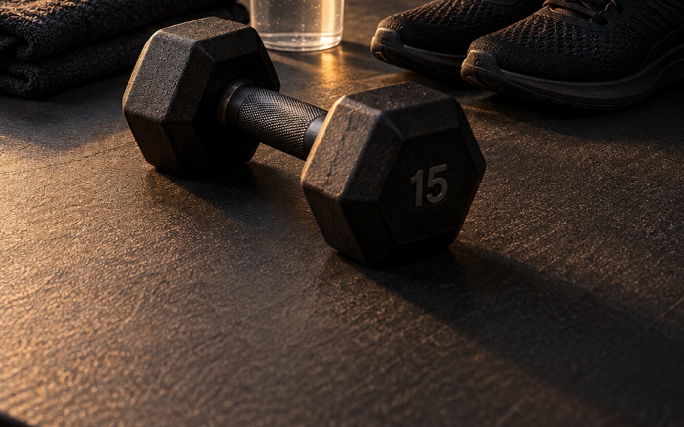 A 15-pound dumbbell, protein shaker, towel, and training shoes in an early-morning workout space
